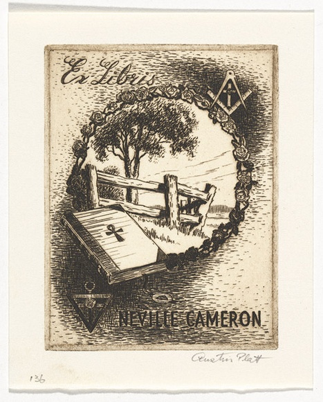 Artist: b'PLATT, Austin' | Title: b'Bookplate: Neville Cameron' | Date: c.1946 | Technique: b'etching, printed in black ink, from one plate' Artist: b'PLATT, Austin' | Title: b'Bookplate: Neville Cameron' | Date: c.1946 | Technique: b'etching, printed in black ink, from one plate'
