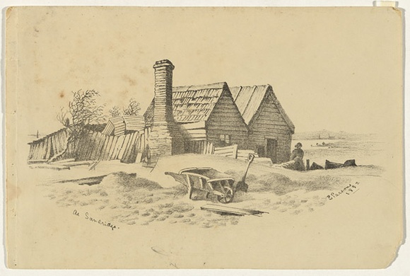 Artist: b'Parsons, Elizabeth.' | Title: b'At Sandridge' | Date: 1882 | Technique: b'lithograph, printed in black ink, from one stone' Artist: b'Parsons, Elizabeth.' | Title: b'At Sandridge' | Date: 1882 | Technique: b'lithograph, printed in black ink, from one stone'