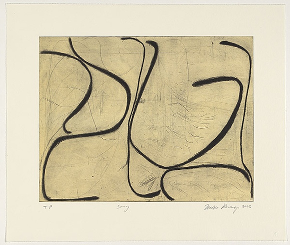 Artist: b'Kovacs, Ildiko.' | Title: b'Sway' | Date: 2005 | Technique: b'drypoint and aquatint, printed in black and green ink, from two copper plates' Artist: b'Kovacs, Ildiko.' | Title: b'Sway' | Date: 2005 | Technique: b'drypoint and aquatint, printed in black and green ink, from two copper plates'