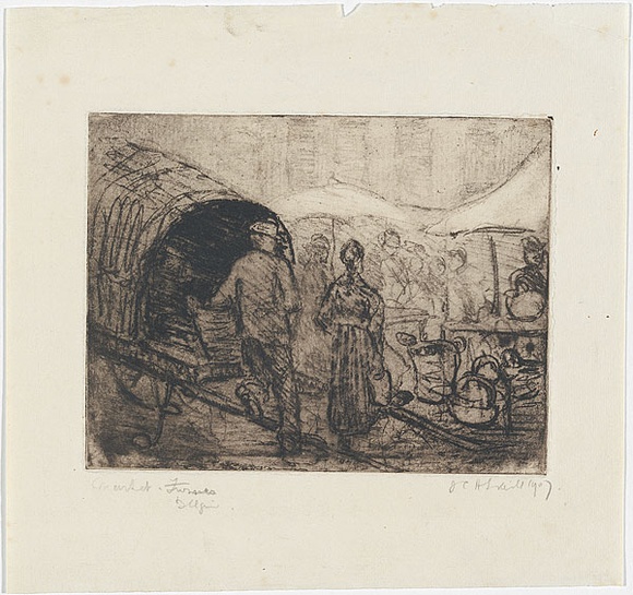 Artist: b'Traill, Jessie.' | Title: b'Market, Furnes, Belgium' | Date: 1907 | Technique: b'softground etching, printed in black ink, from one plate' Artist: b'Traill, Jessie.' | Title: b'Market, Furnes, Belgium' | Date: 1907 | Technique: b'softground etching, printed in black ink, from one plate'