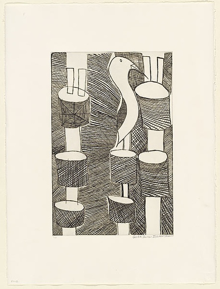 Artist: b'Farmer, Glen.' | Title: bSeagull (Glen's totem) and Pukmani poles | Date: 1998, July | Technique: b'etching and sugar-lift aquatint, printed in brown ink, from one zinc plate' Artist: b'Farmer, Glen.' | Title: bSeagull (Glen's totem) and Pukmani poles | Date: 1998, July | Technique: b'etching and sugar-lift aquatint, printed in brown ink, from one zinc plate'