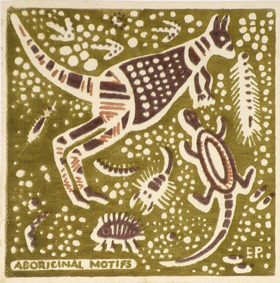 Artist: b'Palmer, Ethleen.' | Title: b'Aboriginal motifs' | Date: c.1955 | Technique: b'screenprint, printed in colour, from three stencils' Artist: b'Palmer, Ethleen.' | Title: b'Aboriginal motifs' | Date: c.1955 | Technique: b'screenprint, printed in colour, from three stencils'