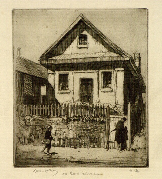 Artist: b'LINDSAY, Lionel' | Title: b'Old Pitt Street School House' | Date: 1917 | Technique: b'etching and aquatint, printed in blrown ink with plate-tone, from one plate' | Copyright: b'Courtesy of the National Library of Australia' Artist: b'LINDSAY, Lionel' | Title: b'Old Pitt Street School House' | Date: 1917 | Technique: b'etching and aquatint, printed in blrown ink with plate-tone, from one plate' | Copyright: b'Courtesy of the National Library of Australia'