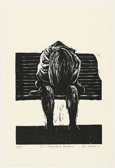 Artist: b'AMOR, Rick' | Title: b'Girl in Placa Reial Barcelona.' | Date: 1991 | Technique: b'woodcut, printed in black ink, from one block' Artist: b'AMOR, Rick' | Title: b'Girl in Placa Reial Barcelona.' | Date: 1991 | Technique: b'woodcut, printed in black ink, from one block'