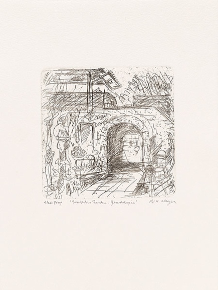 Artist: b'MEYER, Bill' | Title: b'Sculptors garden. Yerushalayim' | Date: 1992 | Technique: b'etching, printed in black ink, from one zinc plate' | Copyright: b'\xc2\xa9 Bill Meyer' Artist: b'MEYER, Bill' | Title: b'Sculptors garden. Yerushalayim' | Date: 1992 | Technique: b'etching, printed in black ink, from one zinc plate' | Copyright: b'\xc2\xa9 Bill Meyer'