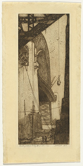 Artist: b'Traill, Jessie.' | Title: b'Building the Harbour Bridge VI: Nearly complete, June 1931.' | Date: June 1931 | Technique: b'etching, printed in black ink with plate-tone, from one plate'