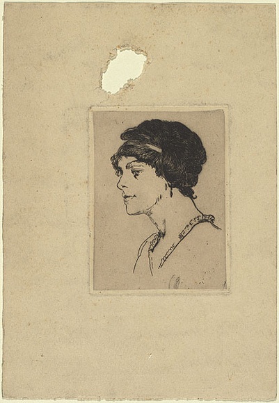 Artist: b'Bell, George..' | Title: b'no title (Profile portrait of a young woman).' | Date: 1912 | Technique: b'etching and foul biting, printed in warm black ink with plate-tone, from one copper plate' Artist: b'Bell, George..' | Title: b'no title (Profile portrait of a young woman).' | Date: 1912 | Technique: b'etching and foul biting, printed in warm black ink with plate-tone, from one copper plate'