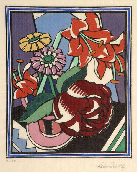 Artist: b'FEINT, Adrian' | Title: b'(Vase of flowers).' | Date: 1929 | Technique: b'wood-engraving, printed in black ink, from one block; hand-coloured' | Copyright: b'Courtesy the Estate of Adrian Feint' Artist: b'FEINT, Adrian' | Title: b'(Vase of flowers).' | Date: 1929 | Technique: b'wood-engraving, printed in black ink, from one block; hand-coloured' | Copyright: b'Courtesy the Estate of Adrian Feint'