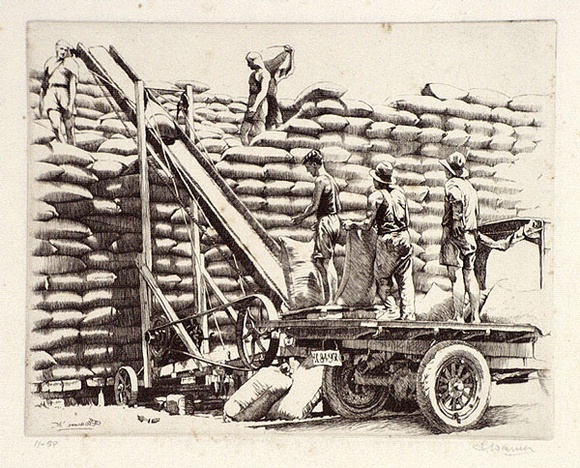 Artist: b'Warner, Alfred Edward.' | Title: b'Stacking wheat' | Date: 1935 | Technique: b'etching, printed in black ink, from one plate' Artist: b'Warner, Alfred Edward.' | Title: b'Stacking wheat' | Date: 1935 | Technique: b'etching, printed in black ink, from one plate'