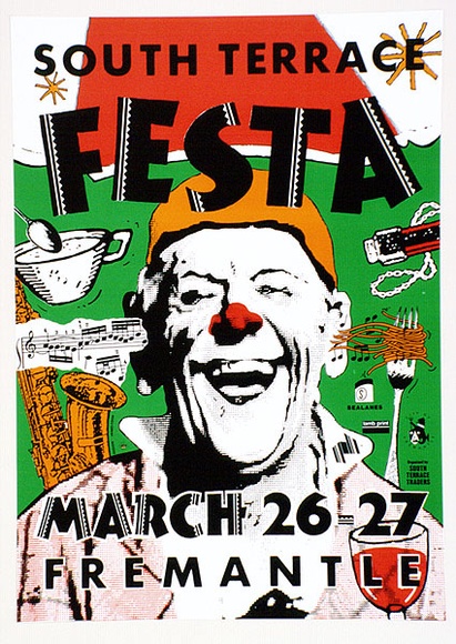 Artist: b'Cook, James.' | Title: b'South Terrace Festa, Fremantle.' | Date: c.1990 | Technique: b'lithograph, printed in colour, from four plates' Artist: b'Cook, James.' | Title: b'South Terrace Festa, Fremantle.' | Date: c.1990 | Technique: b'lithograph, printed in colour, from four plates'