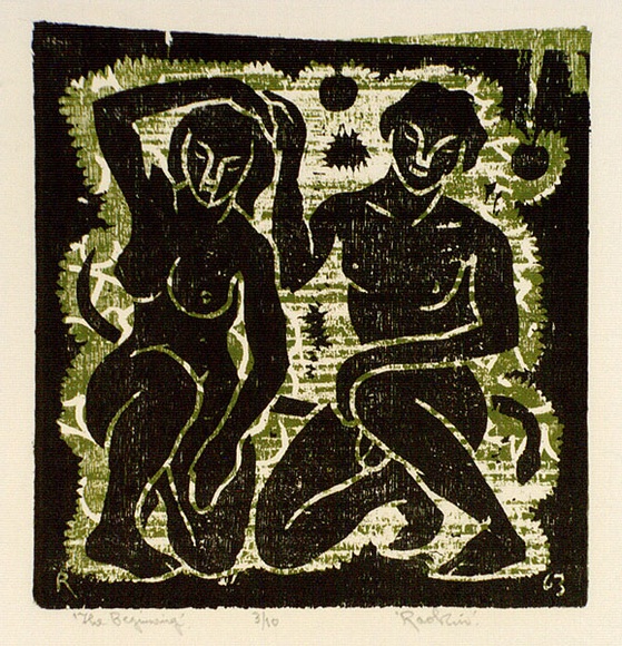 Artist: b'Hawkins, Weaver.' | Title: b'The beginning' | Date: 1963 | Technique: b'woodcut, printed in colour, from multiple blocks' | Copyright: b'The Estate of H.F Weaver Hawkins' Artist: b'Hawkins, Weaver.' | Title: b'The beginning' | Date: 1963 | Technique: b'woodcut, printed in colour, from multiple blocks' | Copyright: b'The Estate of H.F Weaver Hawkins'