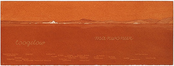 Artist: b'MADDOCK, Bea' | Title: b'Terra Spiritus...with a darker shade of pale' | Date: 1993-98 | Technique: b'stencil print, printed in hand-ground Launceston ochre from multiple hand-cut mylar stencils; letterpress text blind printed; hand-drawn script' Artist: b'MADDOCK, Bea' | Title: b'Terra Spiritus...with a darker shade of pale' | Date: 1993-98 | Technique: b'stencil print, printed in hand-ground Launceston ochre from multiple hand-cut mylar stencils; letterpress text blind printed; hand-drawn script'