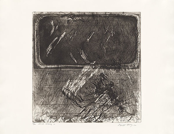 Artist: b'MEYER, Bill' | Title: b'World rushing in' | Date: 1981 | Technique: b'etching and aquatint, printed in black ink, from one zinc plate' | Copyright: b'\xc2\xa9 Bill Meyer' Artist: b'MEYER, Bill' | Title: b'World rushing in' | Date: 1981 | Technique: b'etching and aquatint, printed in black ink, from one zinc plate' | Copyright: b'\xc2\xa9 Bill Meyer'