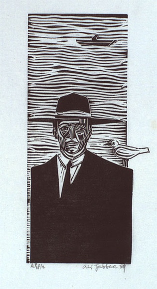 Artist: b'JABBAR, Ali' | Title: b'not titled [man with bird on shoulder]' | Date: 1989 | Technique: b'linocut, printed in black ink, from one block'