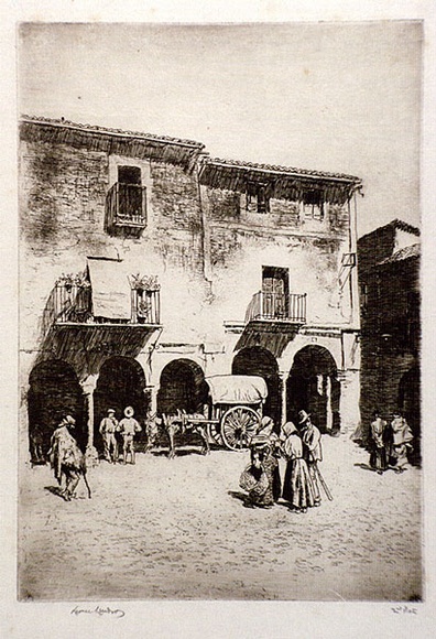 Artist: b'LINDSAY, Lionel' | Title: b'In Zafra Market, Spain' | Date: 1929 | Technique: b'etching, printed in brown ink with plate-tone, from one plate' | Copyright: b'Courtesy of the National Library of Australia' Artist: b'LINDSAY, Lionel' | Title: b'In Zafra Market, Spain' | Date: 1929 | Technique: b'etching, printed in brown ink with plate-tone, from one plate' | Copyright: b'Courtesy of the National Library of Australia'