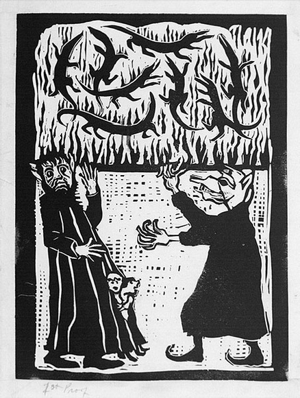 Artist: b'Allen, Joyce.' | Title: b(Wizard Agonis cringes under Wizard Lambertia's wickedness) (Illustration 8). | Date: 1987 | Technique: b'linocut, printed in black ink, from one block; with pencil and black, pen and ink' Artist: b'Allen, Joyce.' | Title: b(Wizard Agonis cringes under Wizard Lambertia's wickedness) (Illustration 8). | Date: 1987 | Technique: b'linocut, printed in black ink, from one block; with pencil and black, pen and ink'