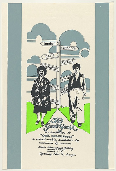 Artist: b'Walters, Marilyn.' | Title: b'59 good years' | Date: 1979 | Technique: b'screenprint, printed in colour, from multiple stencils' | Copyright: b'\xc2\xa9 Louise Dauth' Artist: b'Walters, Marilyn.' | Title: b'59 good years' | Date: 1979 | Technique: b'screenprint, printed in colour, from multiple stencils' | Copyright: b'\xc2\xa9 Louise Dauth'