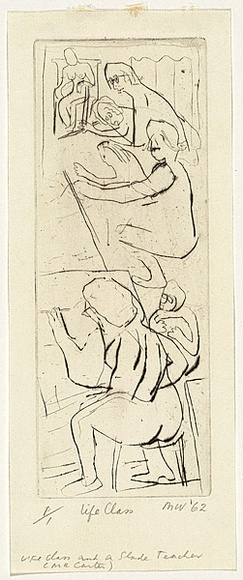 Artist: b'WALKER, Murray' | Title: b'Life class and a Slade teacher (Mr Carter)' | Date: 1962 | Technique: b'drypoint, printed in black ink, from one plate' Artist: b'WALKER, Murray' | Title: b'Life class and a Slade teacher (Mr Carter)' | Date: 1962 | Technique: b'drypoint, printed in black ink, from one plate'