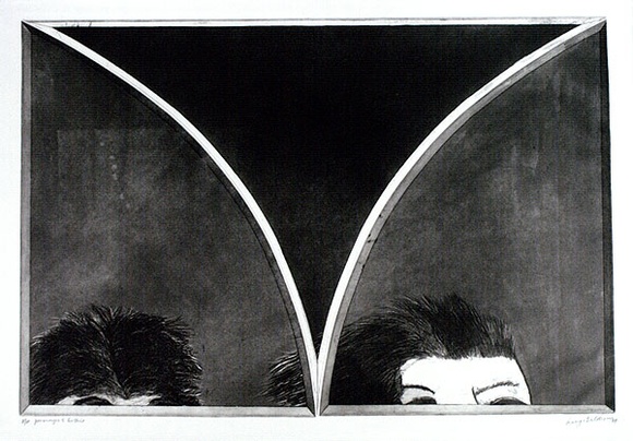 Artist: BALDESSIN, George | Title: Personages and gothic I. | Date: 1969 | Technique: etching and aquatint, printed in black ink, from three shaped plates