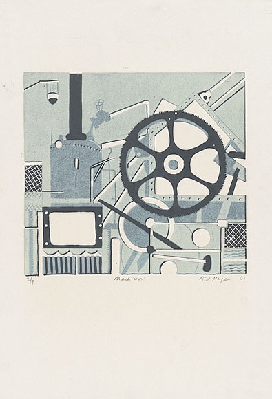 Artist: b'MEYER, Bill' | Title: b'Machines' | Date: 1969 | Technique: b'linocut, printed in four colours, by reduction block process' | Copyright: b'\xc2\xa9 Bill Meyer' Artist: b'MEYER, Bill' | Title: b'Machines' | Date: 1969 | Technique: b'linocut, printed in four colours, by reduction block process' | Copyright: b'\xc2\xa9 Bill Meyer'