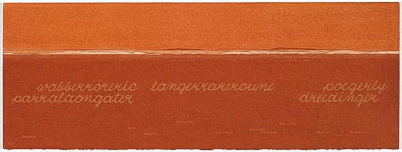 Artist: b'MADDOCK, Bea' | Title: b'Terra Spiritus...with a darker shade of pale' | Date: 1993-98 | Technique: b'stencil print, printed in hand-ground Launceston ochre from multiple hand-cut mylar stencils; letterpress text blind printed; hand-drawn script' Artist: b'MADDOCK, Bea' | Title: b'Terra Spiritus...with a darker shade of pale' | Date: 1993-98 | Technique: b'stencil print, printed in hand-ground Launceston ochre from multiple hand-cut mylar stencils; letterpress text blind printed; hand-drawn script'
