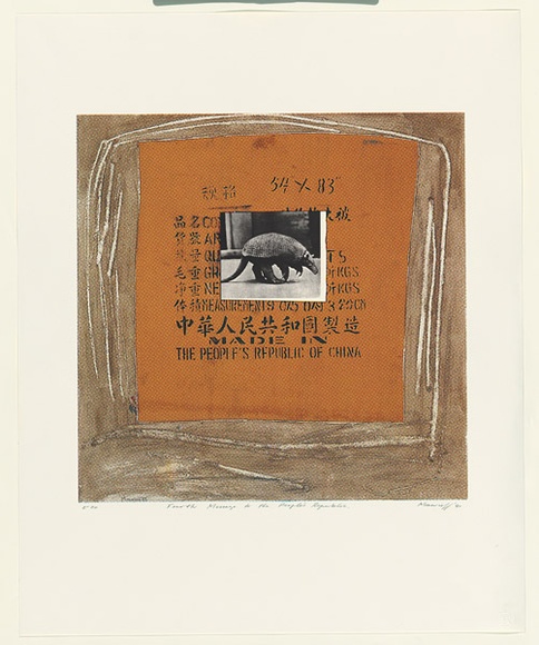 Artist: b'Moncrieff, Greg.' | Title: b'Fourth message to the Peoples Republic.' | Date: 1991 | Technique: b'screenprint, printed in colour, from five stencils' Artist: b'Moncrieff, Greg.' | Title: b'Fourth message to the Peoples Republic.' | Date: 1991 | Technique: b'screenprint, printed in colour, from five stencils'