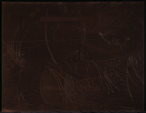 Artist: b'BOYD, Arthur' | Title: b'Plate 85: Figure with beast and moth over water.' | Date: (1968-69) | Technique: b'etched plate' | Copyright: b'This work appears on screen courtesy of Bundanon Trust' Artist: b'BOYD, Arthur' | Title: b'Plate 85: Figure with beast and moth over water.' | Date: (1968-69) | Technique: b'etched plate' | Copyright: b'This work appears on screen courtesy of Bundanon Trust'