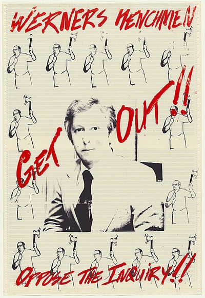 Artist: b'Lane, Leonie.' | Title: b'Werners henchmen get out !!' | Date: 1979 | Technique: b'screenprint, printed in colour, from two stencils' | Copyright: b'\xc2\xa9 Leonie Lane' Artist: b'Lane, Leonie.' | Title: b'Werners henchmen get out !!' | Date: 1979 | Technique: b'screenprint, printed in colour, from two stencils' | Copyright: b'\xc2\xa9 Leonie Lane'