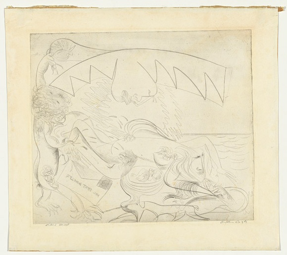 Artist: b'BOYD, Arthur' | Title: b'Bert Hinkler; his wife and lion and letter.' | Date: (1968-69) | Technique: b'etching, printed in black ink, from one plate' | Copyright: b'Reproduced with permission of Bundanon Trust' Artist: b'BOYD, Arthur' | Title: b'Bert Hinkler; his wife and lion and letter.' | Date: (1968-69) | Technique: b'etching, printed in black ink, from one plate' | Copyright: b'Reproduced with permission of Bundanon Trust'