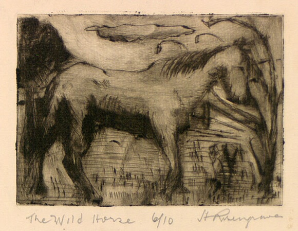 Artist: b'ROSENGRAVE, Harry' | Title: b'The wild horse' | Date: (1955) | Technique: b'etching, printed in black ink with plate-tone, from one plate' Artist: b'ROSENGRAVE, Harry' | Title: b'The wild horse' | Date: (1955) | Technique: b'etching, printed in black ink with plate-tone, from one plate'