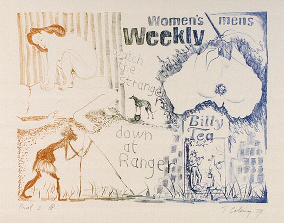 Artist: b'COLEING, Tony' | Title: b'Watch the stranger down at Ranger.' | Date: 1979 | Technique: b'lithograph, printed in blended colour, from one zinc plate' Artist: b'COLEING, Tony' | Title: b'Watch the stranger down at Ranger.' | Date: 1979 | Technique: b'lithograph, printed in blended colour, from one zinc plate'