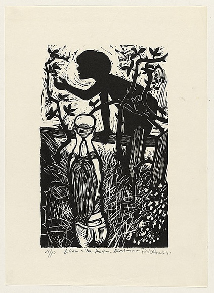 Artist: b'AMOR, Rick' | Title: b'Lliam and Zoe picking blackberries.' | Date: 1981 | Technique: b'woodcut, printed in black ink, from one block' Artist: b'AMOR, Rick' | Title: b'Lliam and Zoe picking blackberries.' | Date: 1981 | Technique: b'woodcut, printed in black ink, from one block'