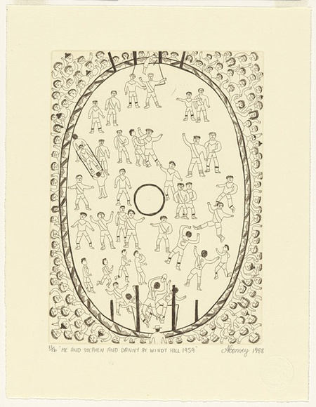 Artist: b'Convey, Tony.' | Title: b'Me and Stephen and Danny at Windy Hill 1959.' | Date: 1988 | Technique: b'etching, printed in brown ink, from one plate' | Copyright: b'This work appears on screen courtesy of the artist and copyright owner' Artist: b'Convey, Tony.' | Title: b'Me and Stephen and Danny at Windy Hill 1959.' | Date: 1988 | Technique: b'etching, printed in brown ink, from one plate' | Copyright: b'This work appears on screen courtesy of the artist and copyright owner'