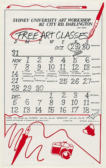 Artist: b'McMahon, Marie.' | Title: b'Sydney University Art Workshop...Free art classes' | Date: 1976 | Technique: b'screenprint, printed in colour, from two stencils' | Copyright: b'\xc2\xa9 Marie McMahon. Licensed by VISCOPY, Australia' Artist: b'McMahon, Marie.' | Title: b'Sydney University Art Workshop...Free art classes' | Date: 1976 | Technique: b'screenprint, printed in colour, from two stencils' | Copyright: b'\xc2\xa9 Marie McMahon. Licensed by VISCOPY, Australia'