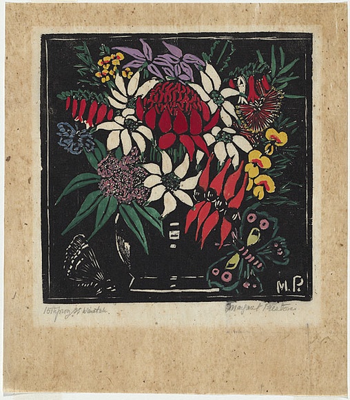 Artist: b'PRESTON, Margaret' | Title: b'Waratah etc.' | Date: 1925 | Technique: b'woodcut, printed in black ink, from one block; hand-coloured' | Copyright: b'\xc2\xa9 Margaret Preston. Licensed by VISCOPY, Australia' Artist: b'PRESTON, Margaret' | Title: b'Waratah etc.' | Date: 1925 | Technique: b'woodcut, printed in black ink, from one block; hand-coloured' | Copyright: b'\xc2\xa9 Margaret Preston. Licensed by VISCOPY, Australia'