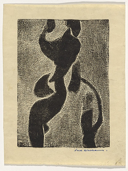 Artist: b'WILLIAMS, Fred' | Title: b'Standing figure' | Date: 1958 | Technique: b'etching, foul biting, engraving and drypoint, printed relief in black ink, from one zinc plate' | Copyright: b'\xc2\xa9 Fred Williams Estate' Artist: b'WILLIAMS, Fred' | Title: b'Standing figure' | Date: 1958 | Technique: b'etching, foul biting, engraving and drypoint, printed relief in black ink, from one zinc plate' | Copyright: b'\xc2\xa9 Fred Williams Estate'