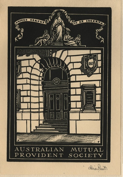 Artist: b'FEINT, Adrian' | Title: b'Bookplate: Australian Mutual Provident Society.' | Date: (1934) | Technique: b'wood-engraving, printed in black ink, from one block' | Copyright: b'Courtesy the Estate of Adrian Feint' Artist: b'FEINT, Adrian' | Title: b'Bookplate: Australian Mutual Provident Society.' | Date: (1934) | Technique: b'wood-engraving, printed in black ink, from one block' | Copyright: b'Courtesy the Estate of Adrian Feint'