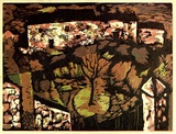 Artist: Adams, Tate. | Title: (Village in Mourne). | Date: (1954) | Technique: linocut, printed in colour, from four blocks