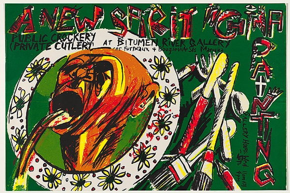 Artist: b'Ayres, Tony' | Title: b'A new spirit in China painting - at Bitumen River Gallery.' | Date: 1984 | Technique: b'screenprint, printed in colour, from four stencils' Artist: b'Ayres, Tony' | Title: b'A new spirit in China painting - at Bitumen River Gallery.' | Date: 1984 | Technique: b'screenprint, printed in colour, from four stencils'