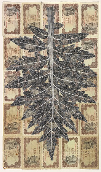 Artist: b'HALL, Fiona' | Title: b'Cynara scolymus - Globe artichoke (Spanish currency)' | Date: 2000 - 2002 | Technique: b'gouache' | Copyright: b'\xc2\xa9 Fiona Hall' Artist: b'HALL, Fiona' | Title: b'Cynara scolymus - Globe artichoke (Spanish currency)' | Date: 2000 - 2002 | Technique: b'gouache' | Copyright: b'\xc2\xa9 Fiona Hall'