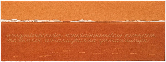 Artist: b'MADDOCK, Bea' | Title: b'Terra Spiritus...with a darker shade of pale' | Date: 1993-98 | Technique: b'stencil print, printed in hand-ground Launceston ochre from multiple hand-cut mylar stencils; letterpress text blind printed; hand-drawn script' Artist: b'MADDOCK, Bea' | Title: b'Terra Spiritus...with a darker shade of pale' | Date: 1993-98 | Technique: b'stencil print, printed in hand-ground Launceston ochre from multiple hand-cut mylar stencils; letterpress text blind printed; hand-drawn script'