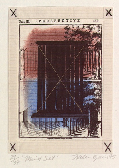 Artist: b'Geier, Helen.' | Title: b'Mind set' | Date: 1994 - 1995 | Technique: b'lithograph, printed in black ink; hand coloured; stitched with linen thread' Artist: b'Geier, Helen.' | Title: b'Mind set' | Date: 1994 - 1995 | Technique: b'lithograph, printed in black ink; hand coloured; stitched with linen thread'