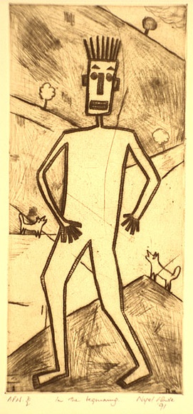 Artist: b'White, Nigel.' | Title: b'In the beginning' | Date: 1991 | Technique: b'drypoint, printed in sepia ink, from one plate' Artist: b'White, Nigel.' | Title: b'In the beginning' | Date: 1991 | Technique: b'drypoint, printed in sepia ink, from one plate'