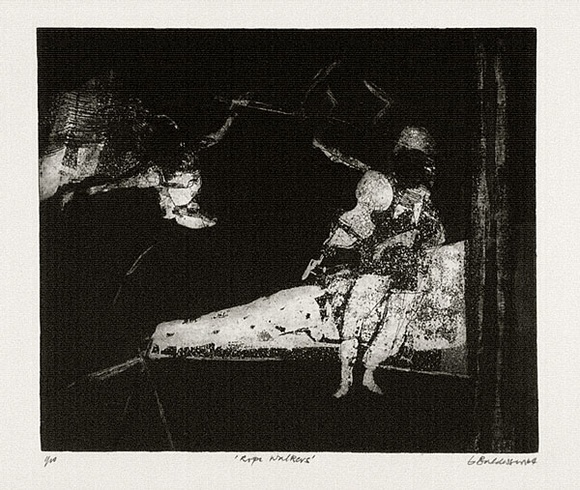 Artist: b'BALDESSIN, George' | Title: b'Rope walkers.' | Date: 1964 | Technique: b'etching and aquatint, printed in black ink, from one plate' Artist: b'BALDESSIN, George' | Title: b'Rope walkers.' | Date: 1964 | Technique: b'etching and aquatint, printed in black ink, from one plate'