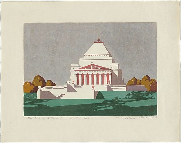 Artist: b'Leyshon White, Cyril.' | Title: b'The Shrine of Remembrance, Victoria' | Date: 1935 | Technique: b'screenprint, printed in colour, from seven stencils' Artist: b'Leyshon White, Cyril.' | Title: b'The Shrine of Remembrance, Victoria' | Date: 1935 | Technique: b'screenprint, printed in colour, from seven stencils'