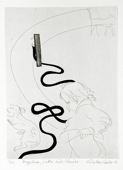 Artist: b'Wallace-Crabbe, Robin.' | Title: b'Angelica, Lotte and Claude' | Date: 1988 | Technique: b'etching and aquatint, printed in black ink, from one plate' | Copyright: b'\xc2\xa9 Robin Wallace-Crabbe, Licensed by VISCOPY, Australia' Artist: b'Wallace-Crabbe, Robin.' | Title: b'Angelica, Lotte and Claude' | Date: 1988 | Technique: b'etching and aquatint, printed in black ink, from one plate' | Copyright: b'\xc2\xa9 Robin Wallace-Crabbe, Licensed by VISCOPY, Australia'