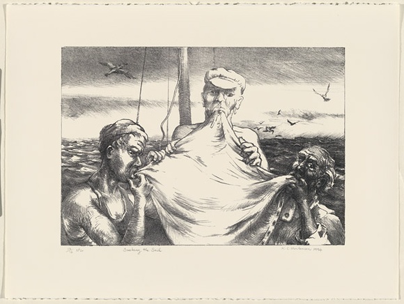 Artist: b'Mortensen, Kevin.' | Title: b'Sucking the sail' | Date: 1994 | Technique: b'lithograph, printed in black ink, from one stone' | Copyright: b'\xc2\xa9 Kevin Mortensen' Artist: b'Mortensen, Kevin.' | Title: b'Sucking the sail' | Date: 1994 | Technique: b'lithograph, printed in black ink, from one stone' | Copyright: b'\xc2\xa9 Kevin Mortensen'