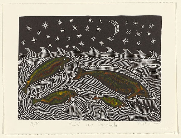Artist: b'Missy, Billy.' | Title: b'Kubil Aw Danghalal' | Date: 2000 | Technique: b'linocut, printed in black ink, from one block; hand-coloured' Artist: b'Missy, Billy.' | Title: b'Kubil Aw Danghalal' | Date: 2000 | Technique: b'linocut, printed in black ink, from one block; hand-coloured'
