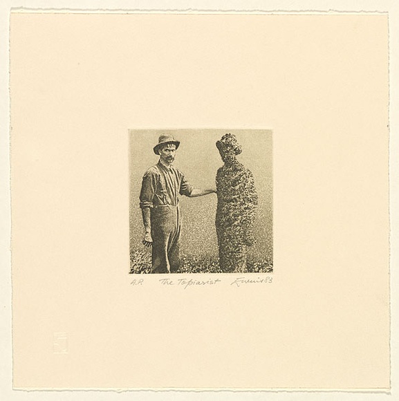 Artist: b'EWINS, Rod' | Title: b'The Topiarist.' | Date: 1983 | Technique: b'photo-etching and aquatint, printed in black ink, from one plate' Artist: b'EWINS, Rod' | Title: b'The Topiarist.' | Date: 1983 | Technique: b'photo-etching and aquatint, printed in black ink, from one plate'