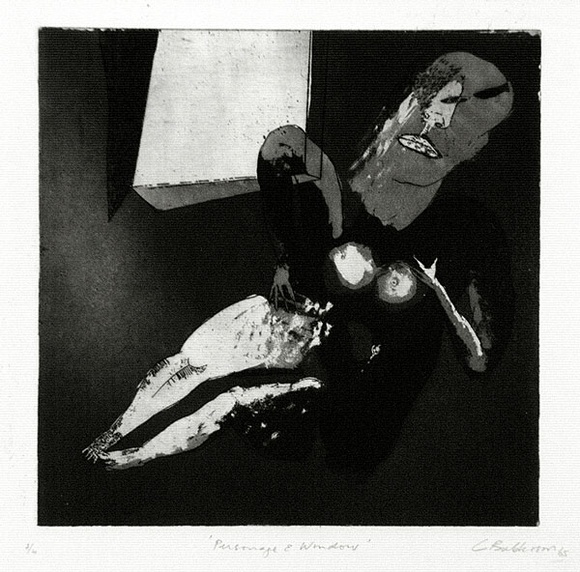 Artist: b'BALDESSIN, George' | Title: b'Personage and window.' | Date: 1965 | Technique: b'etching and aquatint, printed in black ink, from one plate' Artist: b'BALDESSIN, George' | Title: b'Personage and window.' | Date: 1965 | Technique: b'etching and aquatint, printed in black ink, from one plate'